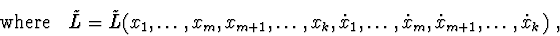 \begin{displaymath}{\rm where} \ \ \ \tilde{L}=
\tilde{ L}(x_{1},\ldots , x_{m},...
...\ldots ,
\dot {x}_{m},\dot {x}_{m+1},\ldots , \dot {x}_{k})\ ,
\end{displaymath}