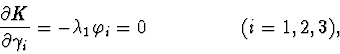 \begin{displaymath}\frac{ \partial K}{\partial \gamma_{i}}=- \lambda_{1} \varphi_{i}= 0
\hskip 2cm ( i=1,2,3),
\end{displaymath}